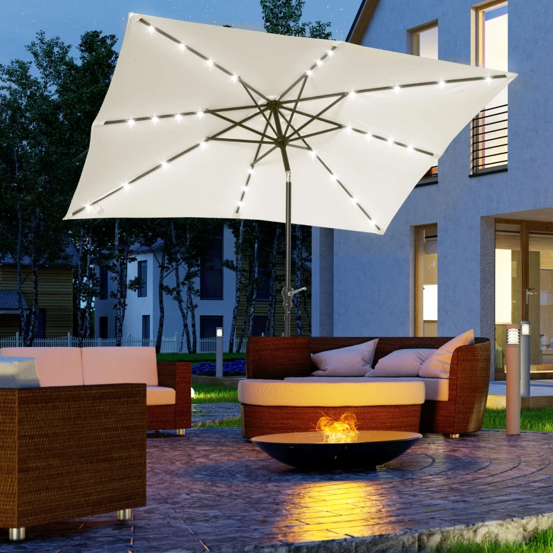 Outsunny Parasol de Terraza Exterior 2,7x2x2,5 m con Techo Inclinable hasta 45° Luces LED Solares y Manivela Blanco Crema