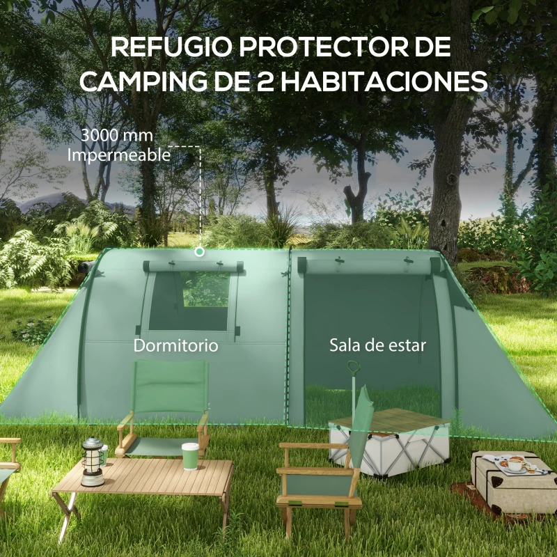 Outsunny Tienda de Campaña para 3 Personas con Ventanas Gancho Bolsa de Transporte Impermeable 3000 mm 470x220x150 cm Verde