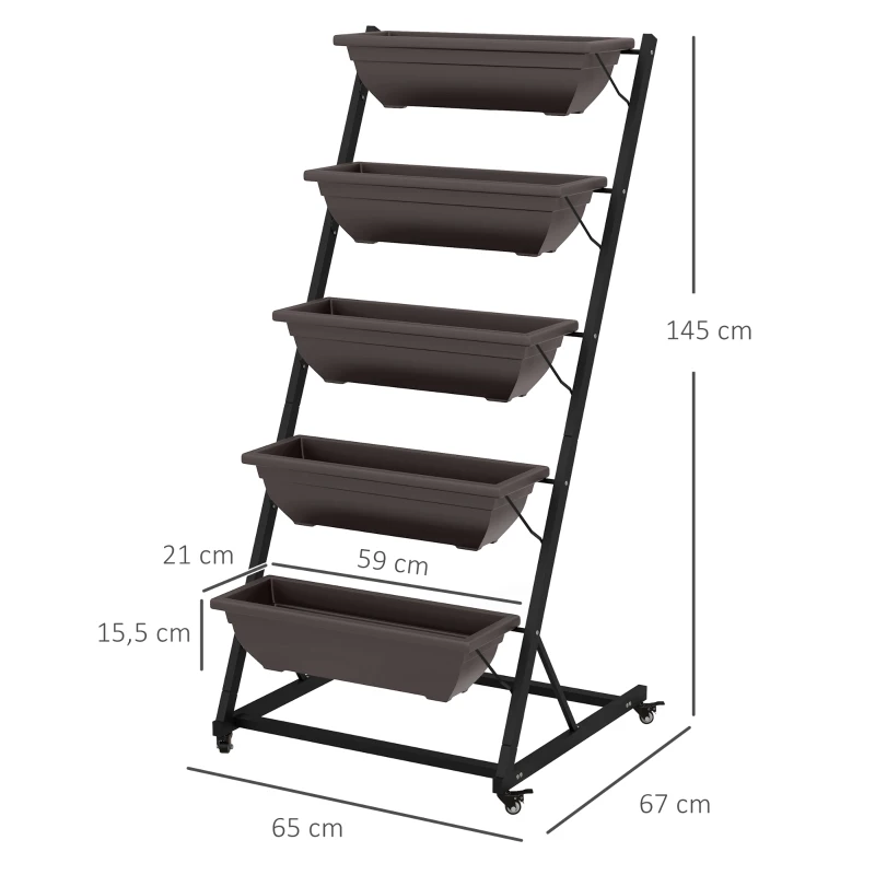 Outsunny 5-laags plantenrek, 145 cm hoog bloementoren met wieltjes en potten, stalen plantenplanken Bruin