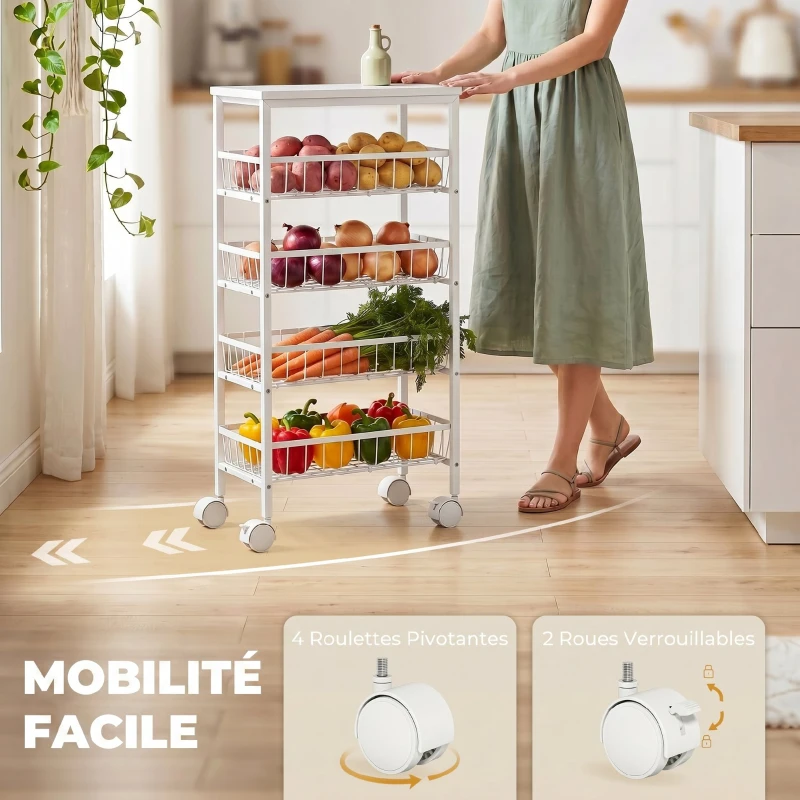 HOMCOM Chariot de rangement à 4 niveaux, desserte à roulettes avec paniers amovibles, cadre en métal, blanc