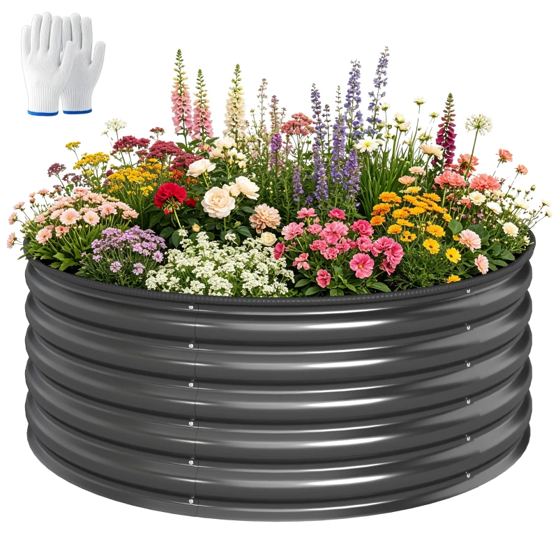 Outsunny Verhoogd Bed, Gegalvaniseerde Plantenbak met Veiligheidsrand, Plantenbox met Open Bodem, 120 x 120 x 43 cm, Donkergrijs
