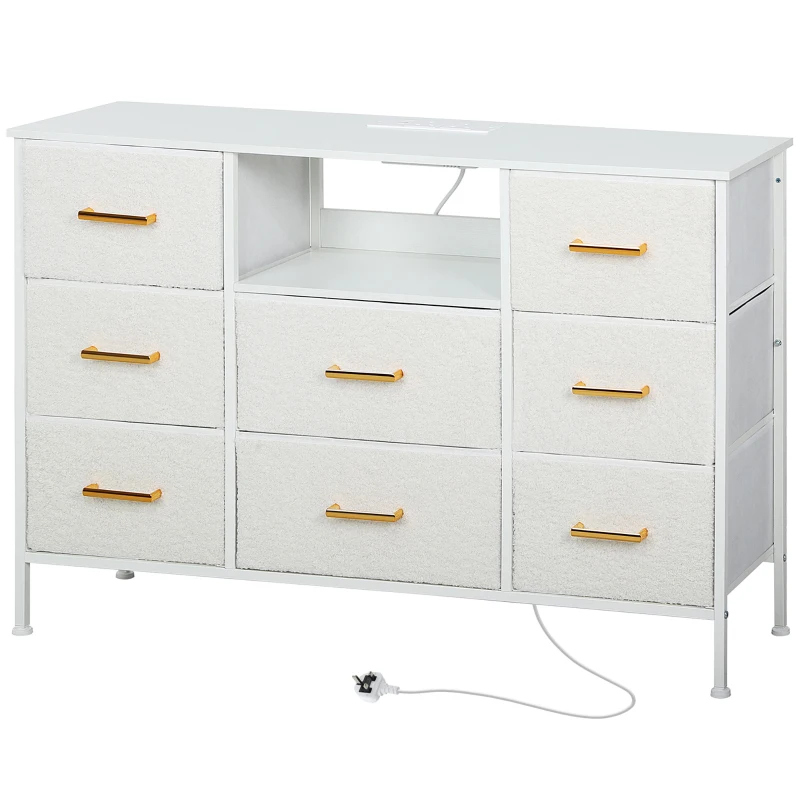 HOMCOM Boucle Chest of Drawers, 8 Fabric Drawers Storage Organiser with Charging Station, 2 USB and 2 AC Ports, Steel Frame, Fabric Dresser for Living Room, Bedroom, Hallway, Cream White