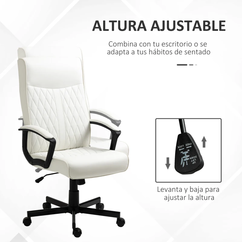 Vinsetto Silla de Oficina con Respaldo Alto Altura Ajustable y Función de Inclinación 65x65x102-112,5 cm Blanco Roto