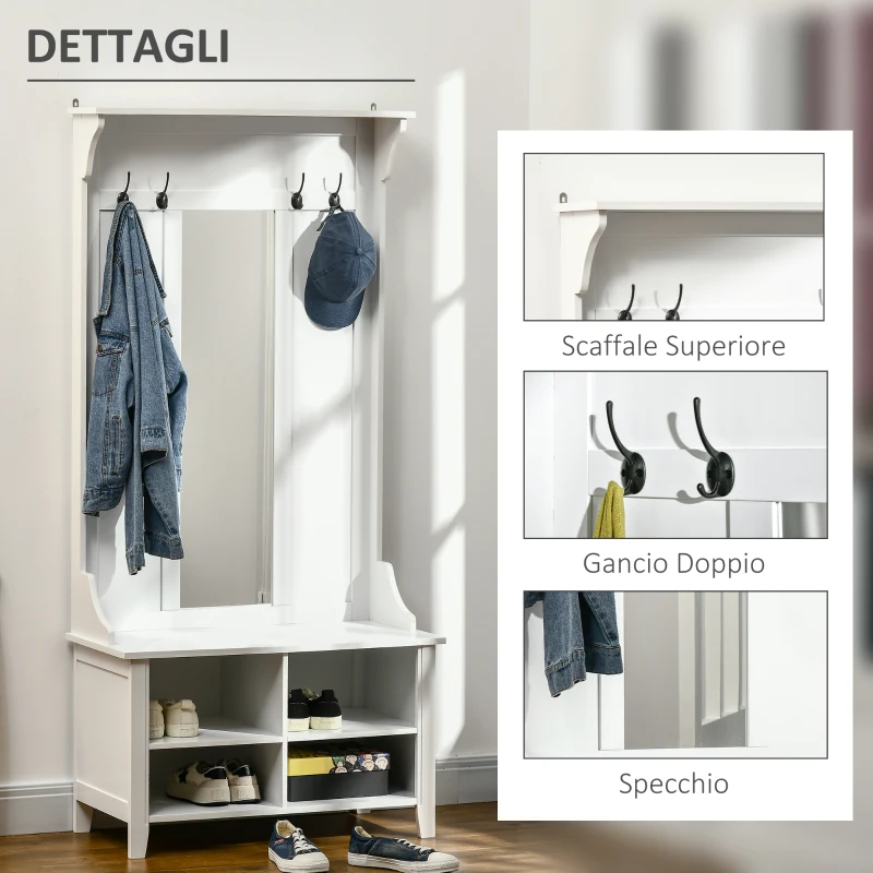 HOMCOM Appendiabiti Attaccapanni da Terra con Specchio Scarpiera 4 Ganci Legno 80x40x170cm Bianco