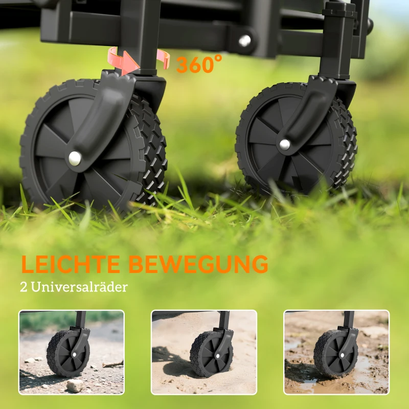 Outsunny Bolderkar Opvouwbaar Handkar 360° Tuinwagen met Verstelbare Handgreep Strandkar tot 60 kg voor Sport Winkelen Zwart
