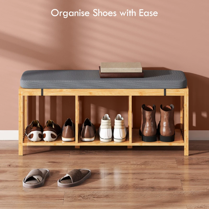 HOMCOM Bamboo Shoe Bench, Entryway Storage Bench with Padded Cushion and Open Shelf, Natural Wood Finish