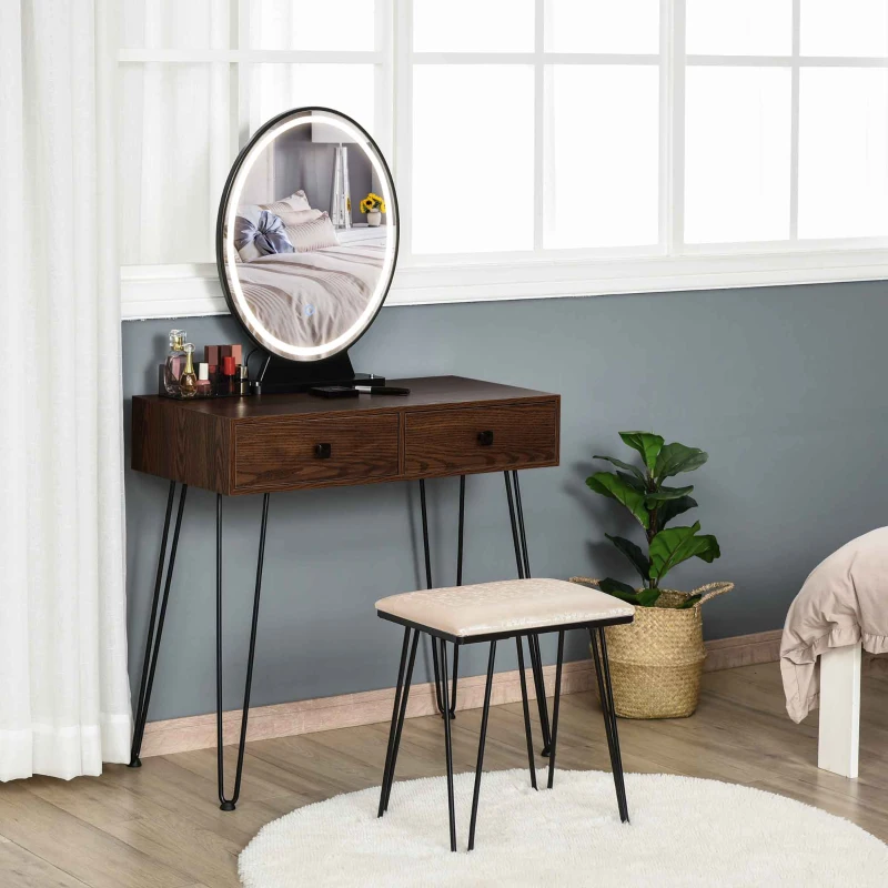 HOMCOM Coiffeuse Table de maquillage moderne - Miroir LED réglable intégré - Tabouret Inclus - pied en métal Noir - 2 tiroirs + 1 Organisateur Imitation Bois Noyer foncé