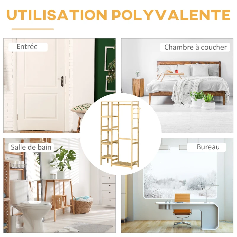 HOMCOM Portant à Vêtements Bambou Penderie Porte-Manteaux avec étagères, Tringle et 2 patères - dim. 90L x 30P x 155H cm