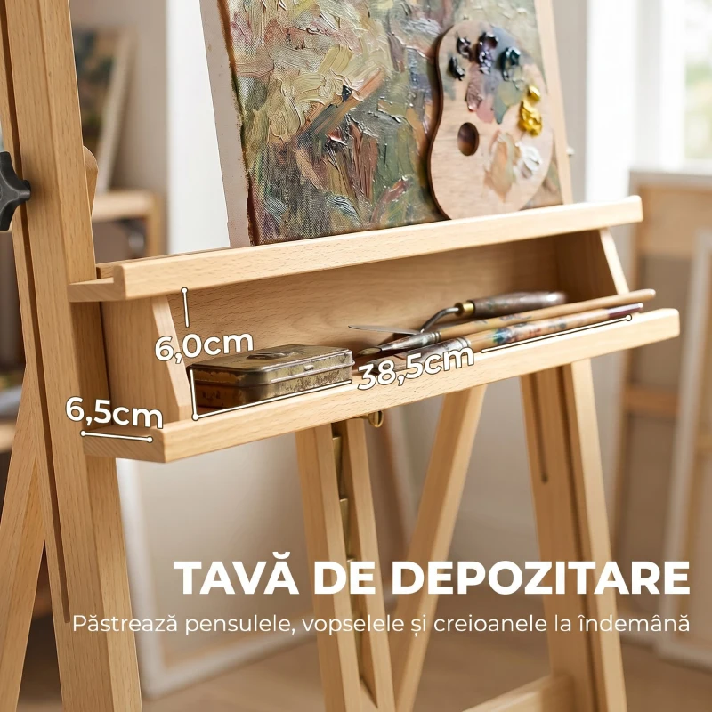 Vinsetto Șevalet Pictură Pliabil cu Roți, pentru Pânze, din Fag, Reglabil, Lemn de fag, Culoare Lemn