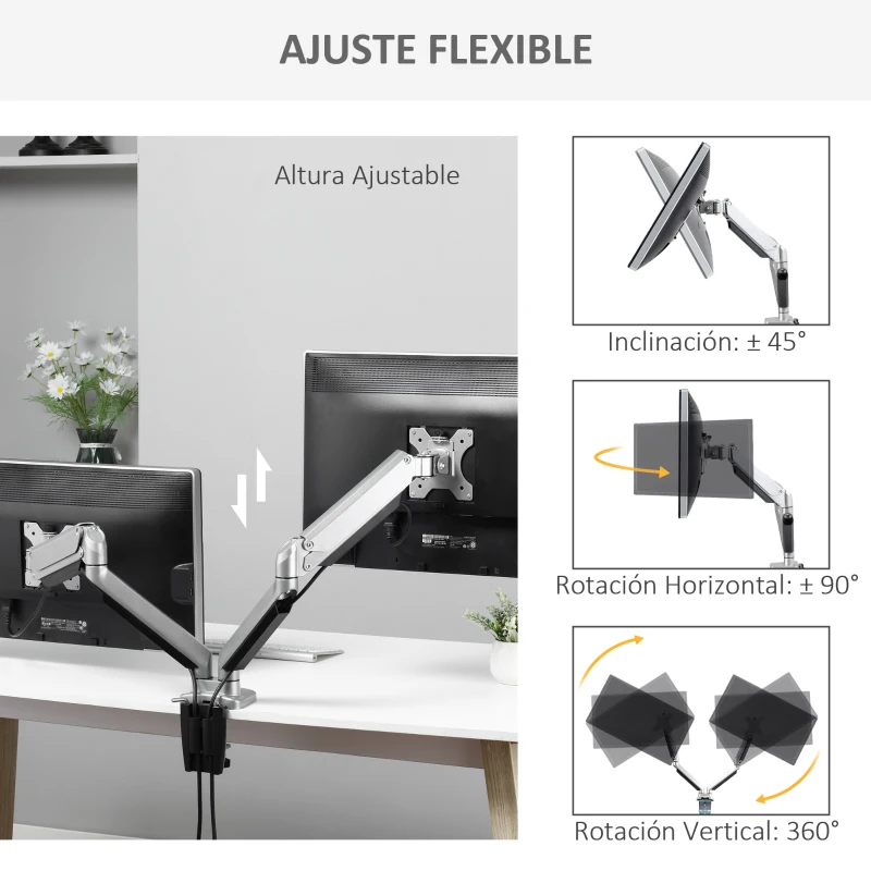 Vinsetto Soporte Monitor Doble para Pantallas LED LCD de 13-32 Pulgadas VESA 75/100 mm con Brazo Ajustable y Giratorio 360° de Aluminio 2 Opciones de Montaje 93x11x47 cm Plata