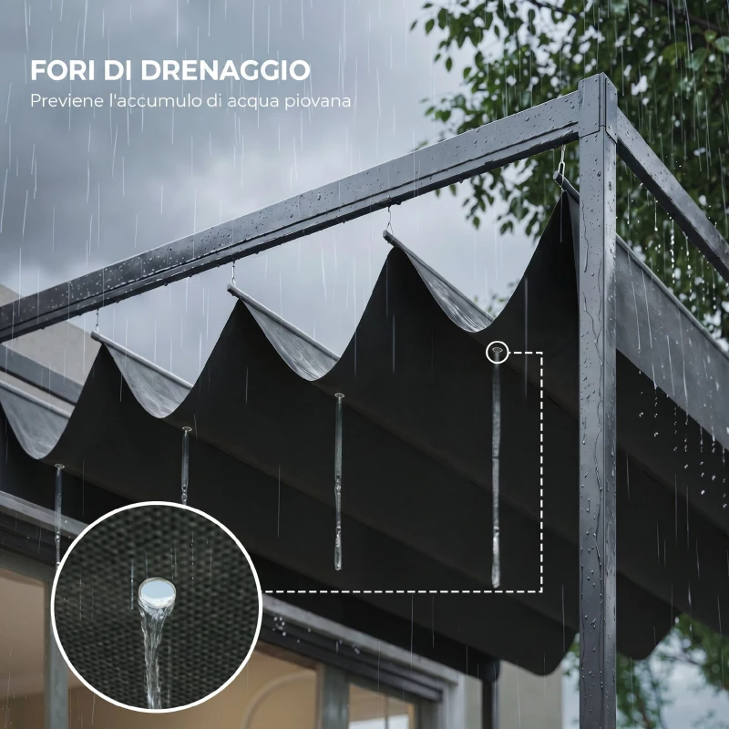 Outsunny Pergola Gazebo da Esterno 3x2.1 m con Tettuccio Retrattile in Metallo e Poliestere, Nero