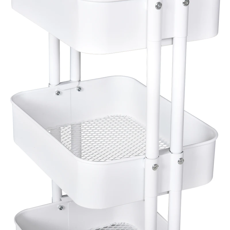HOMCOM Carrito Auxiliar de 3 Niveles con Ruedas y 3 Baldas Malla Metálica para Cocina Oficina Baño Carro Multiuso de Almacenamiento con Pasamanos Carga de 45kg Blanco 43x36x83cm