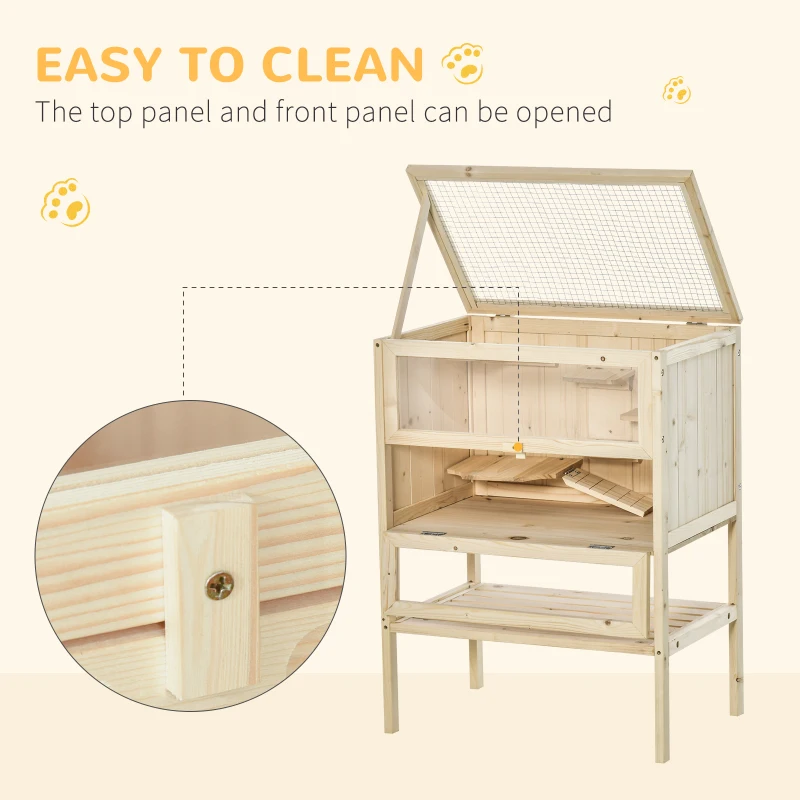 PawHut Wooden Hamster Cage with Storage Shelf, Small Animal Exercise Play House Gerbil Cage with Openable Top, Ramp for Gerbils, Drawf Hamsters, 60 x 40 x 80 cm - Natural