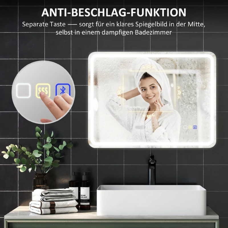 HOMCOM Badkamerspiegel met LED-verlichting, anti-condenspad, 3 instelbare lichtkleuren en klok, 80 x 60 cm, zilver