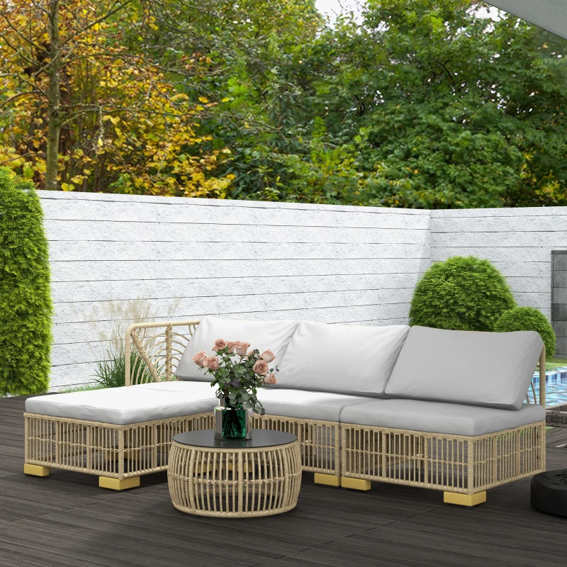 Outsunny Tuinset, 5-delig, inclusief zitkussen, kunstrotan, roestvrijstalen frame, lichtgrijs