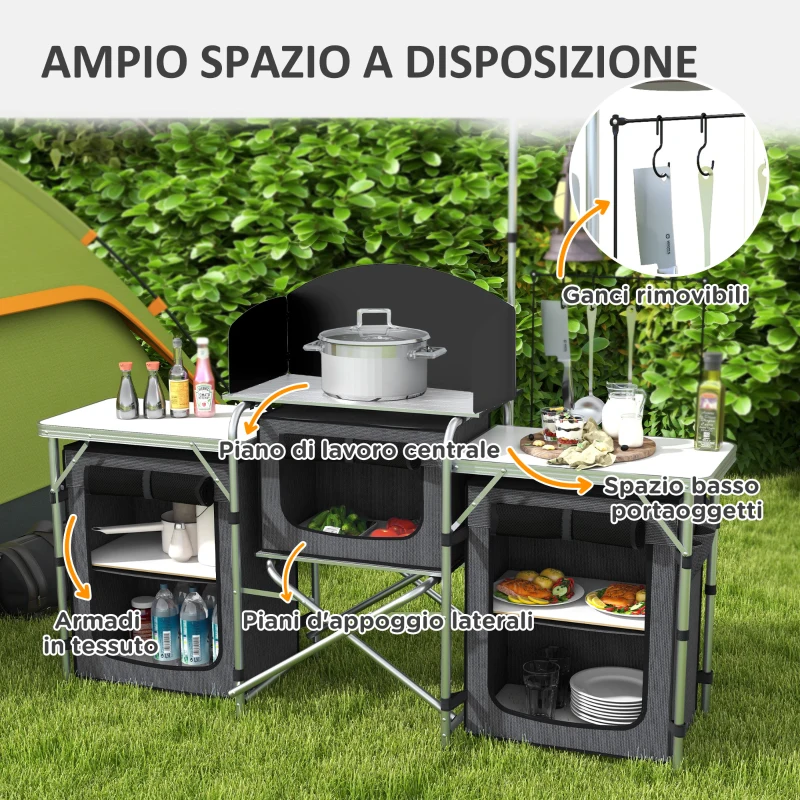 Outsunny Cucina da Campeggio Pieghevole a 3 Piani con 5 Ripiani Interni e 4 Ganci, 172x48x130 cm, Nero
