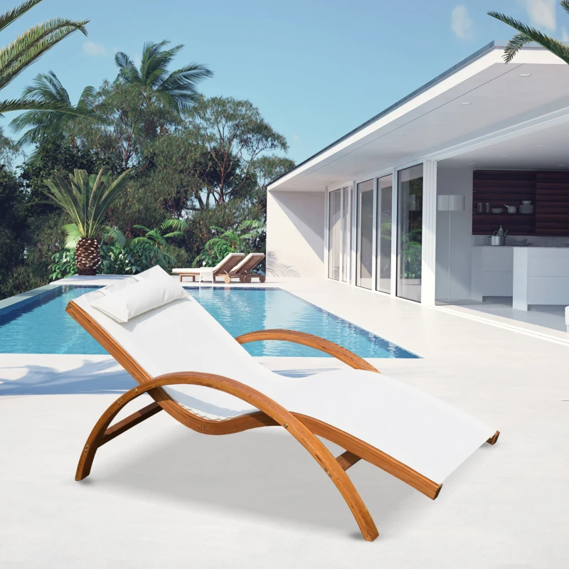Outsunny Transat Chaise Longue Design Style Tropical Bois Massif Naturel Coloris Beige Blanc