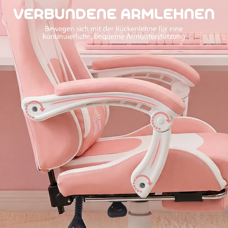 HOMCOM Gamingstoel met kattenoren, kantelbare leuning, uitschuifbare voetensteun, tot 120 kg, Roze/Wit(m-7)