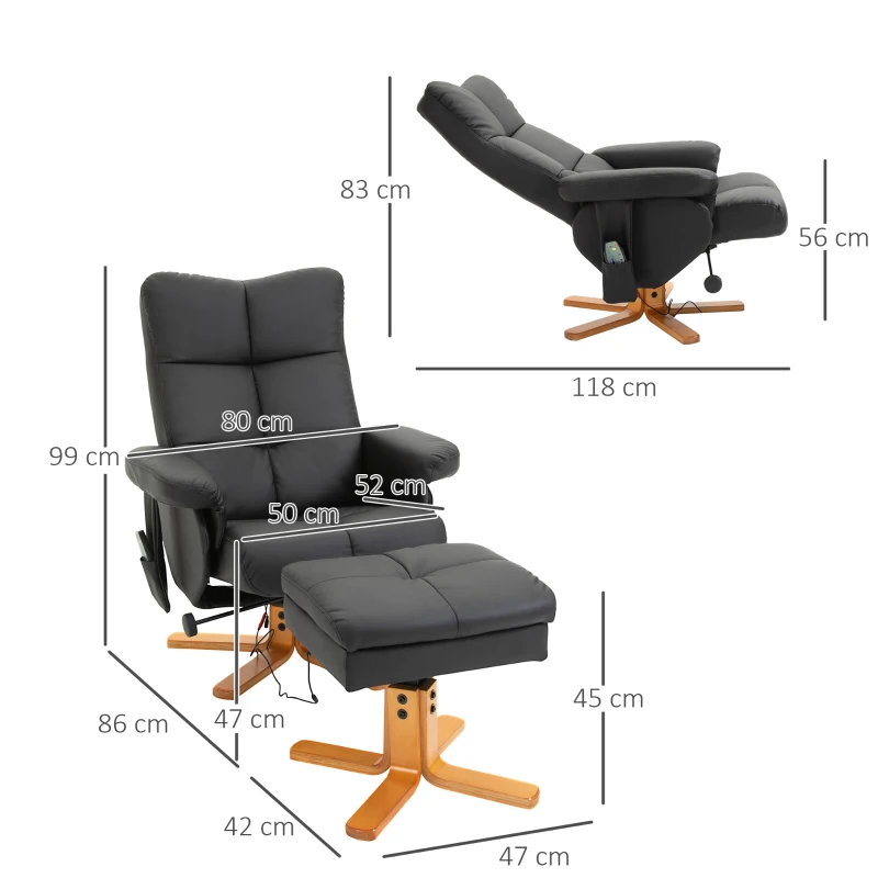 HOMCOM massagestoel met voetenbank relaxstoel kantelbaar tot 145° kunstleer zwart 80 x 86 x 99 cm
