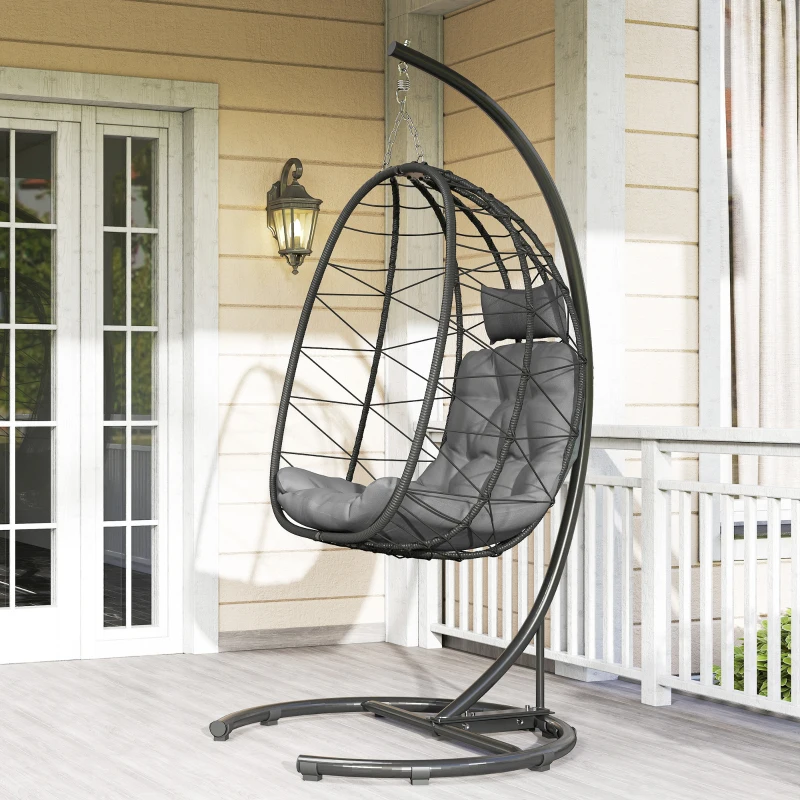 Outsunny Hangstoel voor buiten, Ei stoel, weerbestendig, inclusief kussen, 102 cm x 102 cm x 195 cm, Donkergrijs