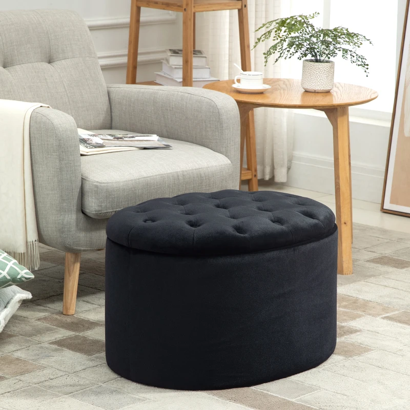 HOMCOM bank gestoffeerde bank met opbergruimte borstbank ovale vorm hal slaapkamer woonkamer fluweelzacht polyester rubber hout zwart 71 x 52 x 42 cm