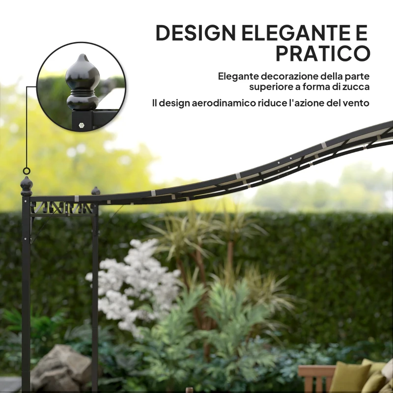 Outsunny Pergola Addossata Ricurva con 16 Fori di Drenaggio, in Metallo e Poliestere, 248x298x200/250 cm, Bianco Crema