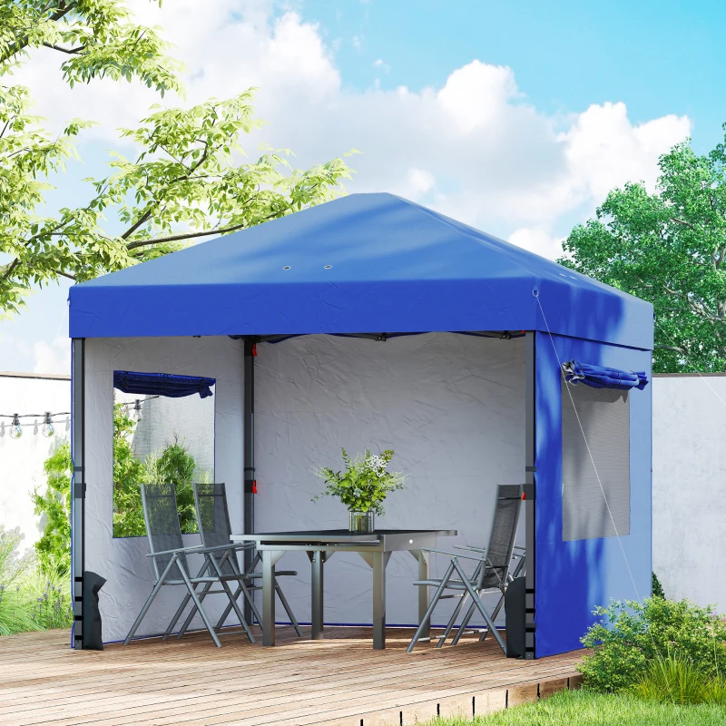 Outsunny Tenda Dobrável 3x3 m Pop-up com 3 Paredes Laterais 2 Janelas em Malha UPF50+ Altura Ajustável 3 Níveis Azul