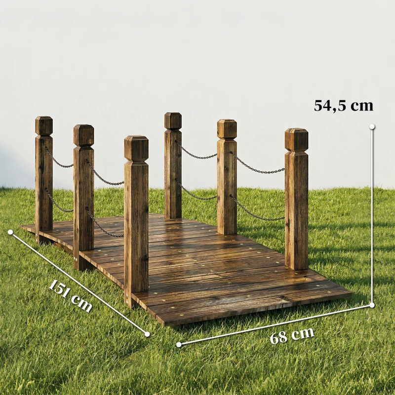 Outsunny Puente de Jardín de Madera 1,51 m Puente Decorativo para Estanques Rústico con Barandillas de Seguridad Carbonizado