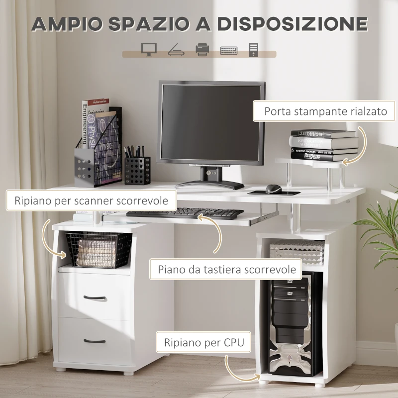 HOMCOM Scrivania per PC con Ripiano per Tastiera e per Monitor e 2 Cassetti, 120x55x85 cm, Bianca