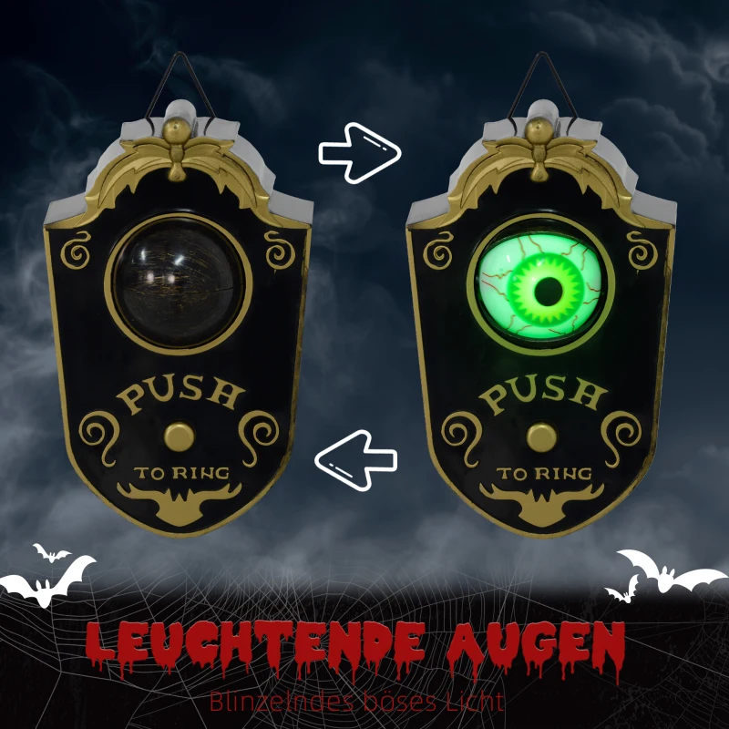 HOMCOM Halloween-deco, Deurbel met Horror-Oog, Geluid- & Aanraaksensor, Bewegend, Groen Licht