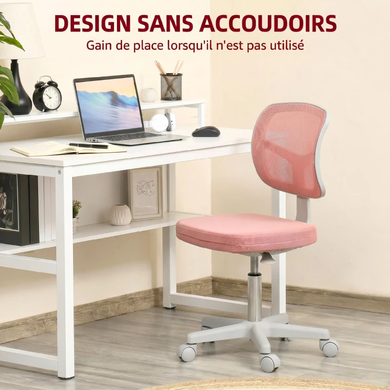 Vinsetto Chaise de Bureau Ergonomique Sans Accoudoirs, Fauteuil de Bureau Pivotant, Dossier Courbé en Maille et Roulettes, Rose
