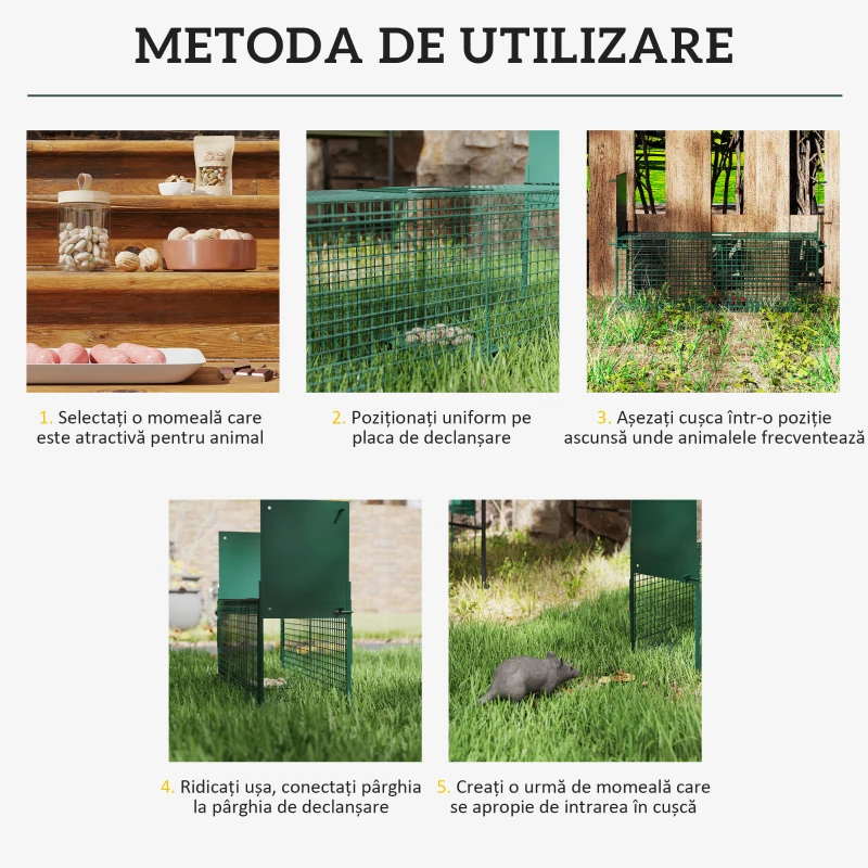 Outsunny Cușcă Capcană pentru Animale Vii Mici cu Dublă Ușă și Mâner, 60x18x20 cm, Verde Închis