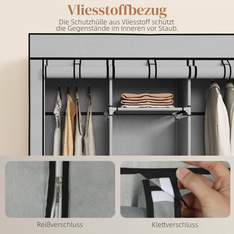 HOMCOM Kast van stof, opbergoplossing, 8 planken, 2 hangstangen, grijs