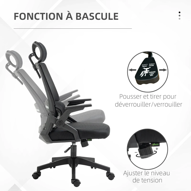 Vinsetto Fauteuil de bureau réglable tissu maille polyester dossier ergonomique inclinable pivotant Noir