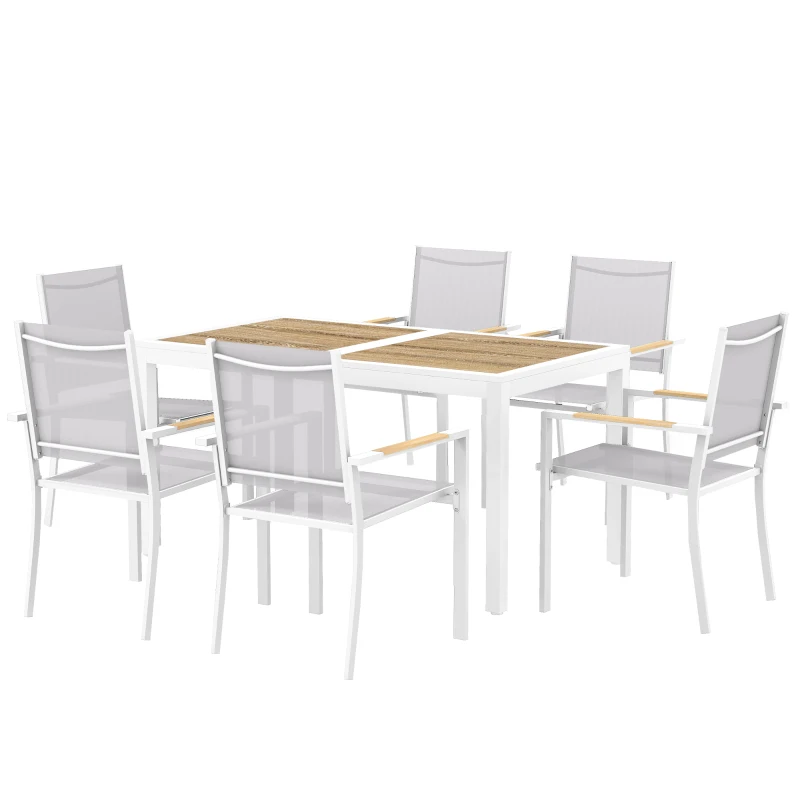 Outsunny Conjunto de Mesa y Sillas Jardín con Mesa de Plástico PSPC y 6 Sillas Apilables Transpirables para Terraza Patio Blanco