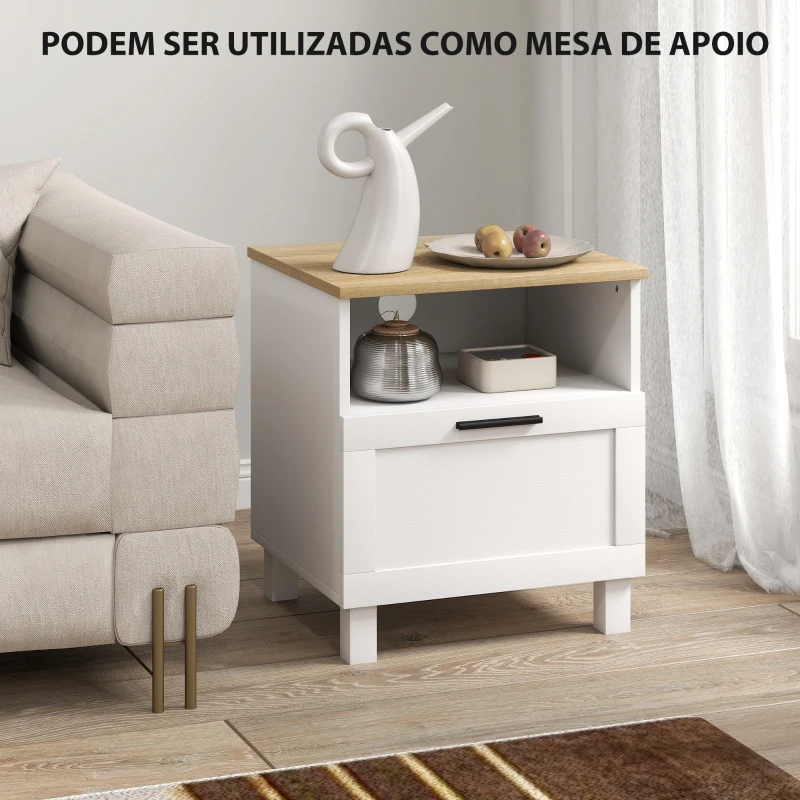 HOMCOM Conjunto de 2 Mesas de Cabeceira Modernas com Gaveta Compartimento Aberto Pés de Madeira 45x38x50 cm Branco