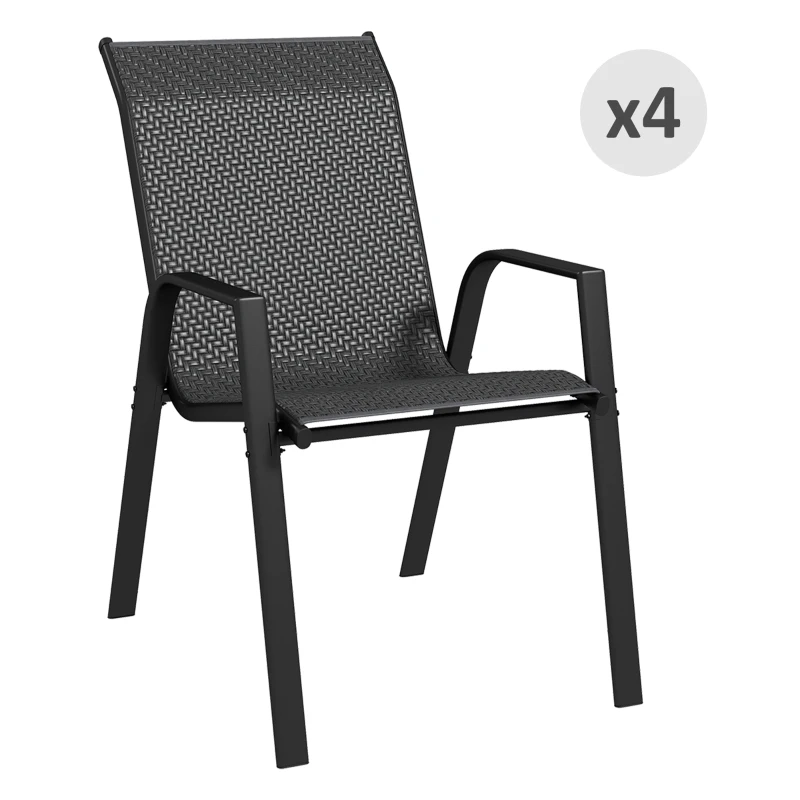 Outsunny Set 4 Sedie da Giardino Impilabili con Braccioli in Rattan PE e Acciaio, Grigio