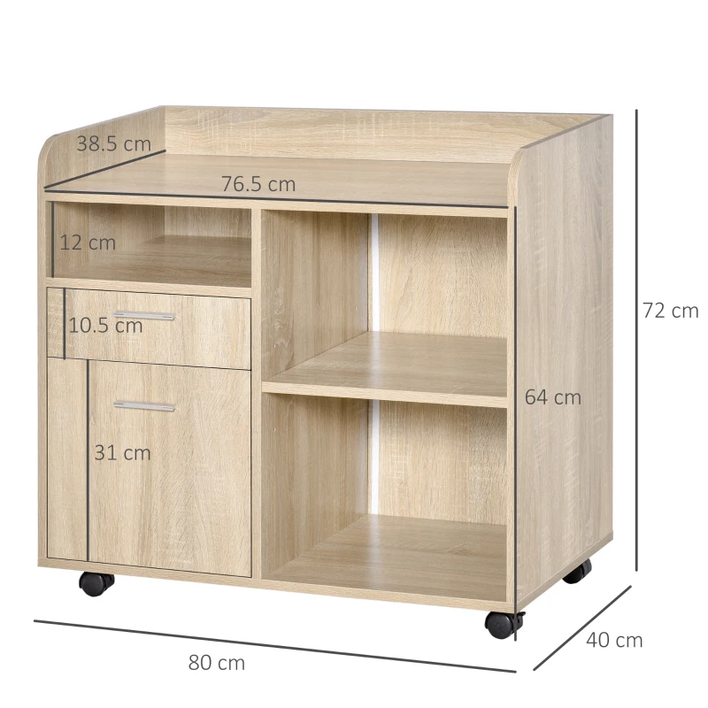 Vinsetto Mobile Porta Stampante, Mobile Ufficio, Mobiletto Basso, Mobile Multiuso con 4 Ruote, Rovere, 80x40x72cm