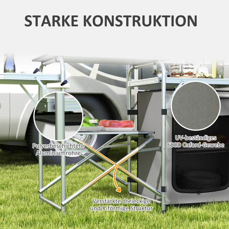 Outsunny Campingkeuken inklapbaar, buitenshuis keuken met UV-bescherming, windscherm, zilver