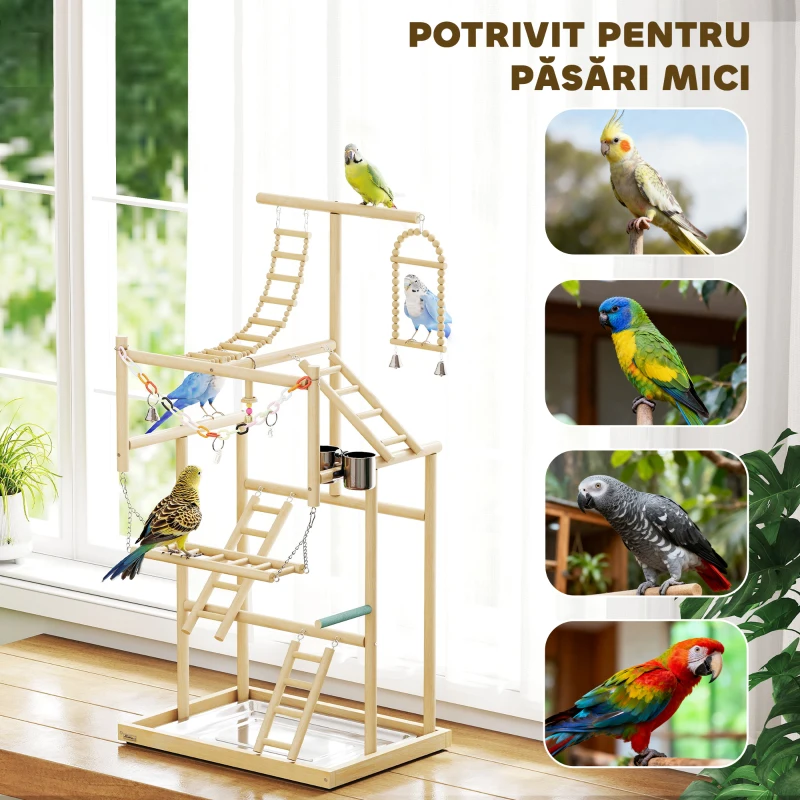PawHut Suport pentru Papagali, Parc de Joacă pentru Păsări cu Scări, Lanțuri, Boluri, Tavă Detașabilă și Stinghii, pentru Perusi, Nimfe și Conuri, Lemn Natural