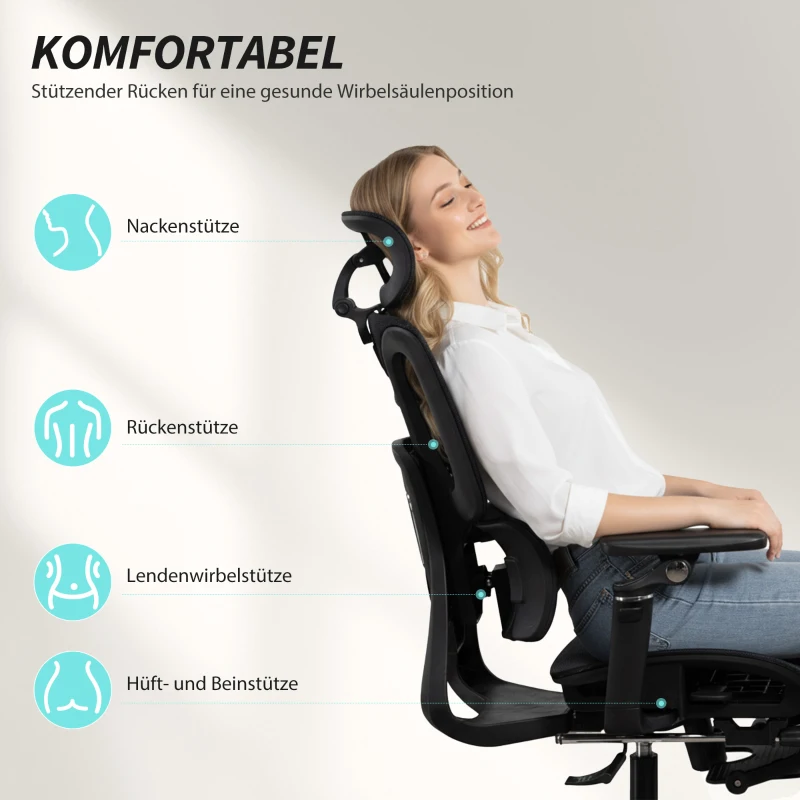 HOMCOM Bureaustoel ergonomisch met verstelbare lenden- en hoofdsteun, 6D-opklapbare armleuningen, voetensteun, mesh, zwart