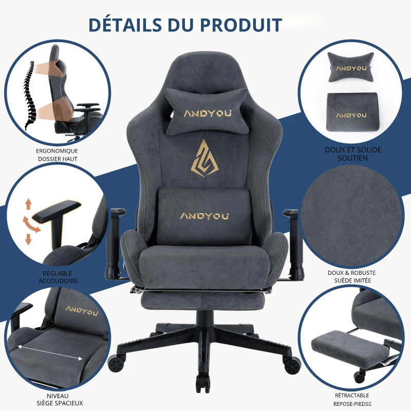 Chaise gaming avec repose-pieds, simili-suède respirant, réglable en hauteur avec vérin à gaz, pivotante, 70x70x135 cm, Gris
