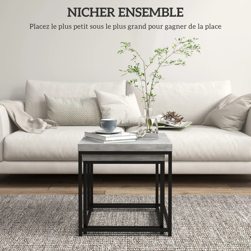 HOMCOM Lot de 2 tables gigognes tables basses carrées tables de salon cadre en acier et plateaux en bois gris