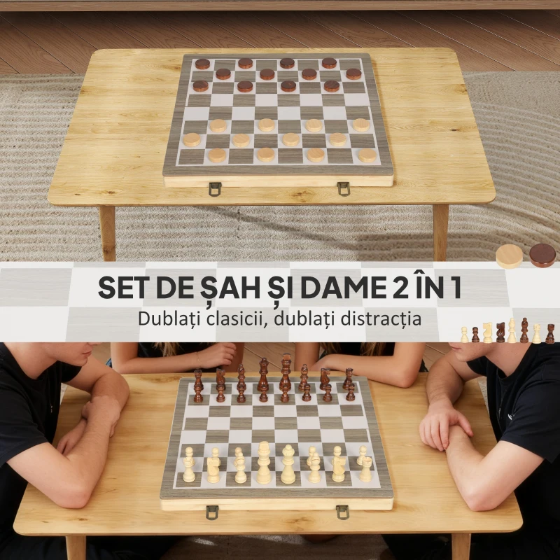 SPORTNOW Tablă de Șah Pliabilă pentru Șah și Dame cu Compartimente, din Lemn și Metal, 38.5x38.5x2.8 cm, Alb și Negru