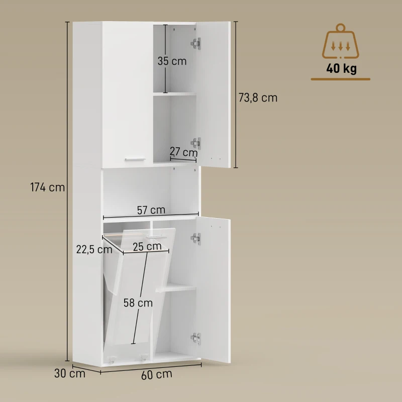 HOMCOM Mobile da Bagno a 2 Ante con Cesto Portabiancheria a Ribalta e Ripiano Aperto, 60x30x174 cm, in Legno, Bianco