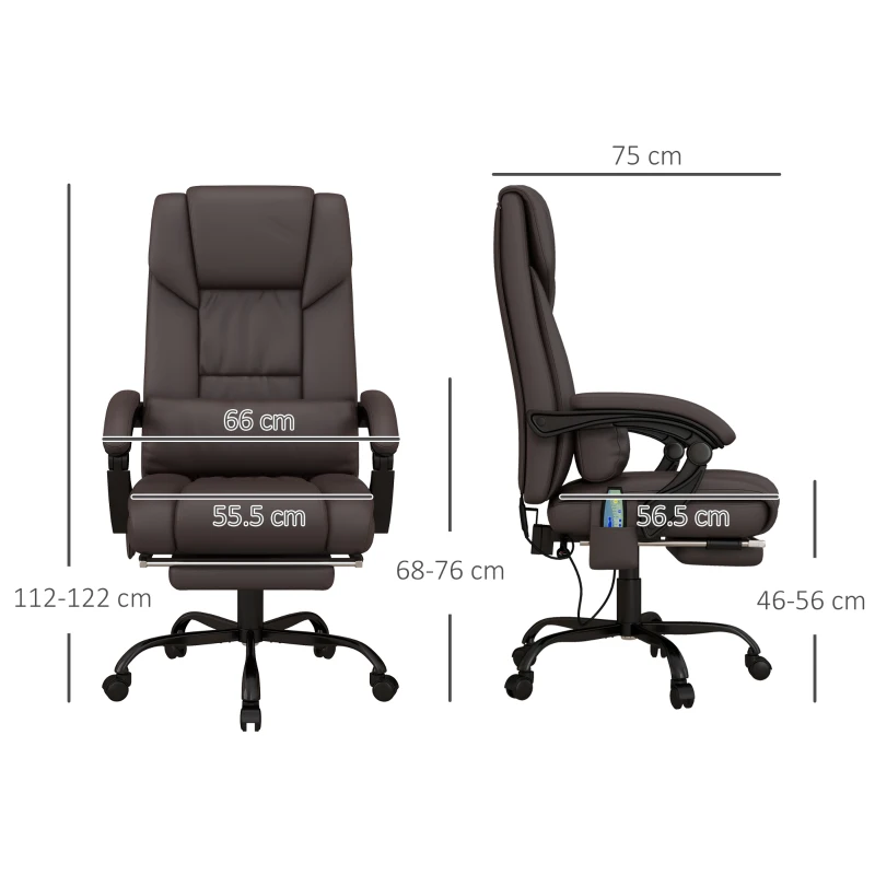 Vinsetto PU Leather Office Chair with 6-Point Vibration Massage, Reclining Chair Office with Footrest, Adjustable Height, Computer Chair, Brown