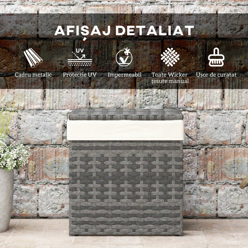 Outsunny Cutie de depozitare pentru grădină și casă din ratan cu material textil interior, 57x34x62cm, gri