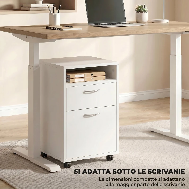 HOMCOM Schedario da Ufficio con Cassetto, Armadietto, Ruote a Freno e Ripiano Aperto, Cassettiera Ufficio per Lettera/Legale/Formato A4, Armadio Verticale per Studio, 40x35x60 cm, Bianco