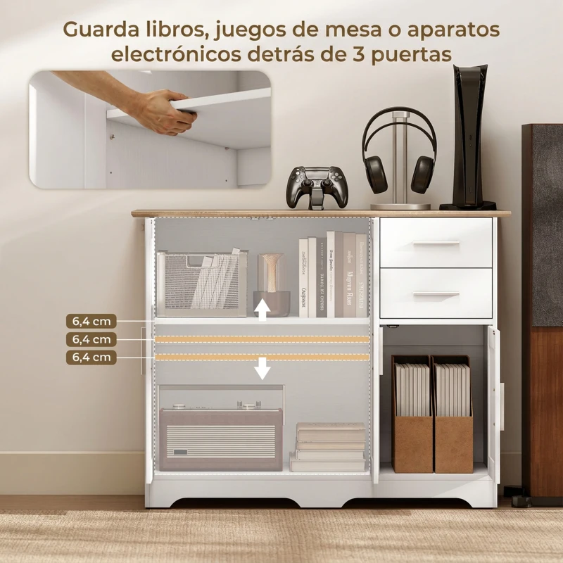HOMCOM Aparador de Salón con 2 Cajones Armario de Cocina con Estante Ajustable 100x40x78 cm Blanco y Natural