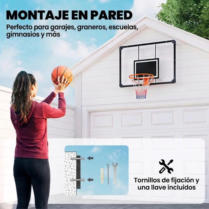 SPORTNOW Canasta de Baloncesto de Pared con Red Diámetro de 45 cm y Marco de Acero para Interior y Exterior 113x61x73 cm Negro